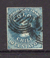 CHILE - 1854 - CLASSIC ISSUES: 10c greenish blue 'Desmadryl' printing a very fine used copy with four large margins. A superb example of this rare shade. (SG 12)  (CHI/32354)