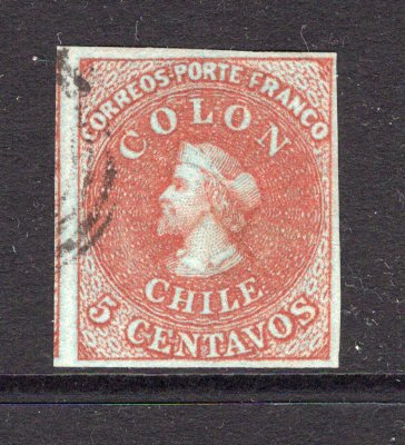 CHILE - 1855 - CLASSIC ISSUES: 5c red brown on blued paper 'Perkins Bacon New Plate' printing, a very fine used copy with four large margins. (SG 17)  (CHI/32356)
