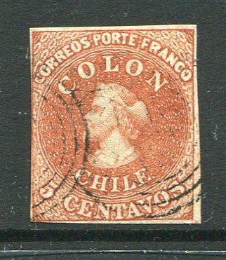 CHILE - 1854 - CLASSIC ISSUES: 5c pale reddish brown 'Desmadryl' printing a very fine four margin copy, used with light cancel. (SG 4)  (CHI/32379)