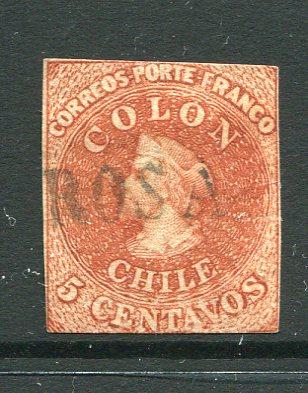 CHILE - 1854 - CLASSIC ISSUES: 5c pale reddish brown 'Desmadryl' printing a good copy with mixed margins used with part strike of straight line 'SANTA ROSA' cancel, 'ROSA' being visible on the stamp. (SG 4)  (CHI/32382)