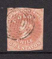CHILE - 1854 - CLASSIC ISSUES: 5c dull brown 'Gillet' LITHO printing, a good copy, mixed margins clear to touching, lightly used. (SG 7)  (CHI/32384)