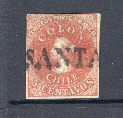 CHILE - 1855 - CLASSIC ISSUES & CANCELLATION: 5c red brown on blued paper 'Perkins Bacon New Plate' printing, a very fine copy with four margins used with good part strike of straight line 'SANTA ROSA' cancel in black, 'SANTA' is visible on the stamp. Scarce. (SG 17)  (CHI/32386)