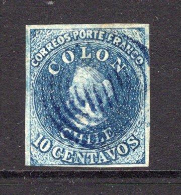 CHILE - 1856 - CLASSIC ISSUES: 10c blue 'Estancos' printing fine impression, a very fine four margin lightly used copy with blue 'Target' cancel. (SG 24a)  (CHI/32390)