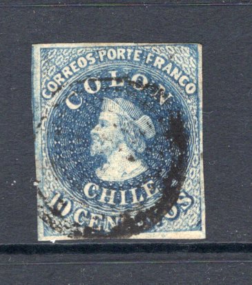 CHILE - 1856 - CLASSIC ISSUES: 10c blue 'Estancos' printing fine impression, a very fine four margin lightly used copy. (SG 24a)  (CHI/32391)