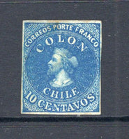 CHILE - 1861 - CLASSIC ISSUES: 10c blue 'Perkins Bacon Last London' printing a fine four margin copy mint with full O.G. Nice colour. (SG 31)  (CHI/32394)