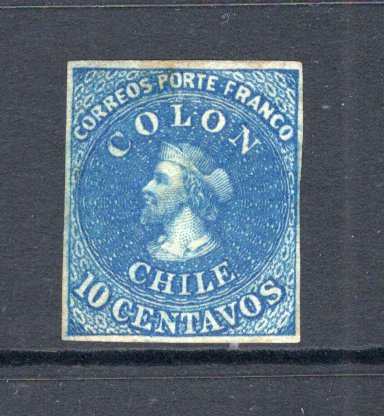 CHILE - 1861 - CLASSIC ISSUES: 10c blue 'Perkins Bacon Last London' printing a fine four margin copy mint with full O.G. Nice colour. (SG 31)  (CHI/32394)