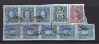 CHILE - 1902 - FRANKING: 1878 15c greenish slate 'Roulette' issue, 1900 10c dull lilac 'Cabezone' issue and strip of three, strip of four and single 1901 5c ultramarine 'Arias' issue all tied on piece by VALPARAISO cds's dated 30 VII. 1902. An attractive franking with a mix of issues. (SG 61, 85 & 89)  (CHI/32402)