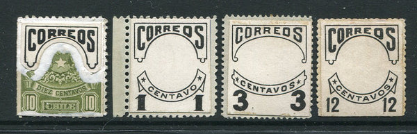 CHILE - 1904 - PROVISIONAL ISSUE & ESSAYS: Superb set of four 'Paste Up' ESSAYS for the 1904 Provisional overprints showing trial impressions of the 'CORREOS' only overprint plus the 1c, 3c and 12c overprints struck in black and pasted onto telegraph stamps to simulate the proposed issue. An exceptional set of exhibition quality and rarity. Ex Moorhouse. (As SG 94, 98, 102 & 103)  (CHI/32441)