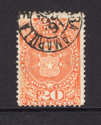 CHILE - 1891 - POSTAL FISCAL & CANCELLATION: 20c orange 'Impuesto' REVENUE issue used with good part strike of TIERRA AMARILLA cds dated 26 AUG 1891, the second authorised period due to a stamp shortage caused by the 1891 Civil War. A scarce cancel on this issue. (SG F71)  (CHI/32496)