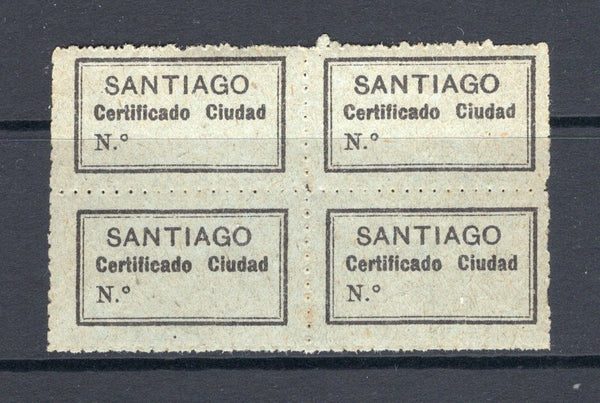 CHILE - 1890 - CINDERELLA: Circa 1890. Black on green 'VALPARAISO CERTIFICADO CIUDAD' perforated registration label, a fine mint block of four. Unusual.  (CHI/32516)