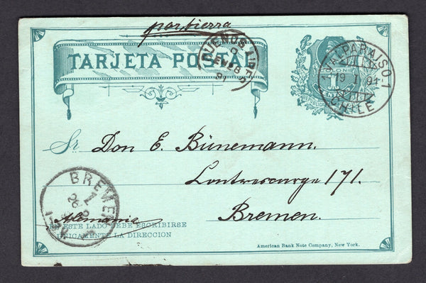 CHILE - 1891 - CIVIL WAR: 1c green on green postal stationery card (H&G 9) used with VALPARAISO cds dated 19 JANUARY 1891 endorsed 'Par tierra' at top in manuscript the card and travelled via BUENOS AIRES with small BUENOS AIRES cds dated 28 JAN 1891. This routing was due to the military uprising on 7th January where the Chilean Navy declared themselves against the President and mail out of Valparaiso port was limited. Addressed to GERMANY with arrival cds on front. A Rare item.  (CHI/3272)