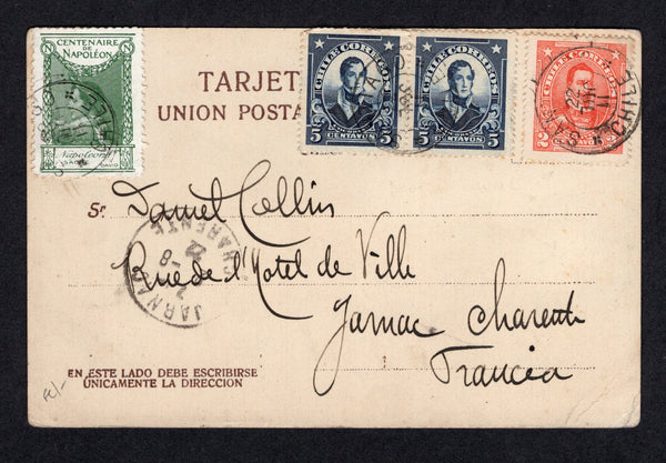 CHILE - 1922 - CINDERELLA & NAPOLEON THEMATIC: Coloured PPC 'La Bahia, Iquique' franked on message side with 1915 2c scarlet and pair 5c slate blue 'Presidente' issue (SG 158 & 161) tied by SANTIAGO cds's with lovely illustrated green CINDERELLA label of 'Napoleon' inscribed 'Centenaire de Napoleon, Napoleon 1er Sagre, David' in left corner also tied by SANTIAGO cds. Addressed to FRANCE.  (CHI/32927)