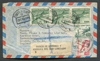 CHILE - 1959 - PRIVATE REGISTRATION: Registered airmail cover franked with 1955 strip of three 100p deep myrtle green AIR issue and 1956 10p deep bluish green and 50p rose red AIR issue (SG 439 & 453/454) tied by PUNTA ARENAS cds's dated 15 OCT 1959 with printed black on white 'BANCO DE LONDRES Y AMERICA DEL SUD LIMITADO' registration label alongside. Addressed to UK with bank sealing tape on reverse.  (CHI/33597)