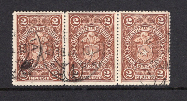 CHILE - 1913 - POSTAL FISCAL & TRAVELLING POST OFFICES: 2c brown 'Postal Fiscal' issue a strip of three used with two light strikes of AMBULANCIA 4 cds dated 8 JUL 1913 (SG F87, authorised for postal use during temporary stamp shortage in 1913, the fifth period of use).  (CHI/33835)