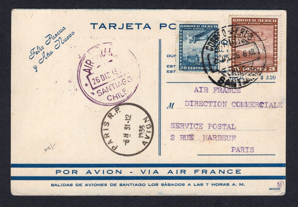 CHILE - 1936 - AIRMAIL & CHRISTMAS GREETINGS CARD: Illustrated 'AIR FRANCE' Christmas & New Year greetings postcard with dull blue image of an airplane inscribed 'Bimotor potez tipo 62 de pasajeros en servicio entre Santiago Y Buenos Aires' franked on message side with 1934 20c blue and 3p red brown AIR issue (SG 238 & 246) tied by CORREO AEREO SANTIAGO cds dated 26 DEC 1936. Addressed to FRANCE with AIR FRANCE SANTIAGO cds in purple and PARIS arrival cds all on front. A very scarce card in used condition.
