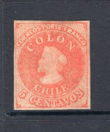 CHILE - 1866 - CLASSIC ISSUES: 5c rose red 'Last Santiago' printing a very fine four margin copy mint with full gum. Scarce as such. (SG 36)  (CHI/35338)