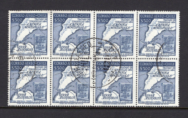 CHILE - 1958 - MULTIPLE: 500p blue 'Antarctic' MAP issue, a fine cds used block of eight. (SG 468)  (CHI/35346)