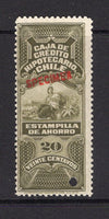 CHILE - 1920 - REVENUE & SPECIMEN: Circa 1920. 20c olive green 'Caja de Credito Hipotecario' ESTAMPILLA DE AHORRO 'Revenue' issue with red 'SPECIMEN' overprint & small hole punch. Note that these savings stamp revenues are only known as Specimens from the ABNCo. Archive.  (CHI/35351)