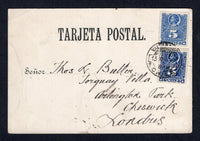 CHILE - 1897 - POSTCARD & ROULETTE ISSUE: Black & white PPC 'Salto de Laja (Chile)' franked on message side with 1878 5c bright ultramarine and 5c dull ultramarine (SG 59 & 59a, two very distinct shades) tied by VALPARAISO cds dated 13. 12. 1897. Addressed to UK. A very scarce early Chilean postcard. The earliest known Chilean postcard dates from 1895.  (CHI/35414)