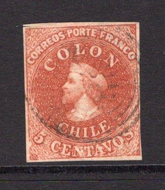 CHILE - 1854 - CLASSIC ISSUES: 5c deep reddish brown 'Desmadryl' printing a very fine four margin copy, a little tight at right, used with light cancel. (SG 5)  (CHI/37256)