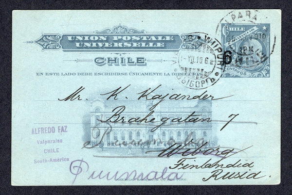 CHILE - 1912 - POSTAL STATIONERY & DESTINATION: 6c on 3c dark grey 'Surcharge' postal stationery card (H&G 30) used with VALPARAISO cds dated 30 MAY 1910. Addressed to 'WIBORG, FINLANDIA, RUSIA' with arrival cds on front.  (CHI/37325)