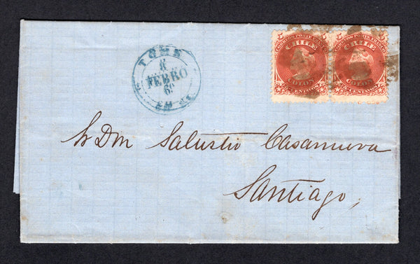 CHILE - 1869 - PERFORATED COLUMBUS ISSUE: Complete folded letter franked with pair 1867 5c deep red 'Perforated' COLUMBUS issue (SG 45) tied by dumb 'Cork' cancels with good strike of TOME cds in blue alongside dated 8 FEB 1869. Addressed to SANTIAGO.  (CHI/37334)