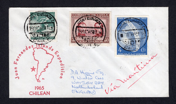 CHILE - 1965 - ISLA JUAN FERNANDEZ: Cover  franked with 1960 50c lake & red brown, 1964 4c blue and 1965 4c deep bluish green (SG 516, 549 & 559) tied by three strikes of JUAN FERNANDEZ cds dated 19 AUG 1965 with red 'N.S.F. Juan Fernandez Islands Expedition' cachet on front and large 'UNITED STATES ANTARCTIC RESEARCH PROGRAM NATIONAL SCIENCE FOUNDATION U.S.N.S. Eltamin The USARP Research Vessel' cachet on reverse. Addressed to UK.  (CHI/37337)