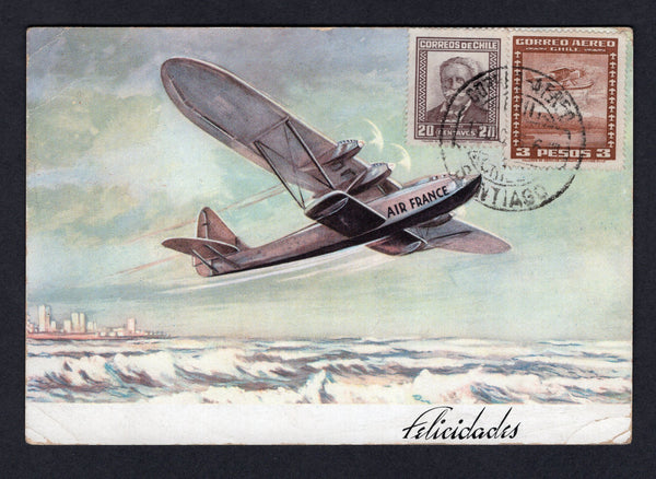 CHILE - 1935 - AIRMAIL & CHRISTMAS GREETINGS CARD: Illustrated 'AIR FRANCE' Christmas & New Year greetings postcard with colour image of an airplane flying over the water with a city in the background franked on picture side with 1931 20c purple brown and 3p red brown AIR issue (SG 232 & 246) tied by CORREO AEREO SANTIAGO cds dated 13 DEC 1935. Addressed to FRANCE with the details of the special rates printed on the message side. A very scarce card in used condition.  (CHI/37338)