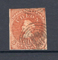 CHILE - 1854 - CLASSIC ISSUES: 5c burnt sienna 'Gillet' recess printing, a fine used four margin copy. (SG 10)  (CHI/37699)