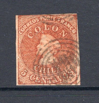CHILE - 1854 - CLASSIC ISSUES: 5c burnt sienna 'Gillet' recess printing, a fine used four margin copy. (SG 10)  (CHI/37699)
