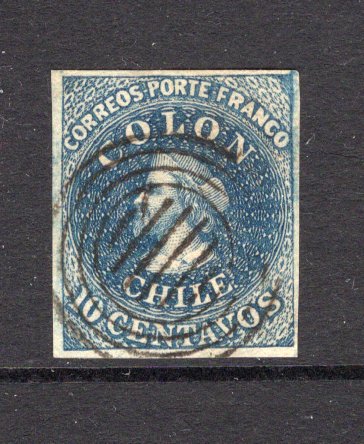 CHILE - 1854 - CLASSIC ISSUES: 10c blue 'Desmadryl' printing a very fine lightly used copy with four large margins. (SG 15)  (CHI/38629)
