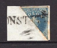 CHILE - 1856 - BISECT & CANCELLATION: 10c blue 'Estancos' printing fine impression diagonally BISECTED and tied on small piece by fine strike of straight line 'CONSTITN' cancel in black. Very scarce. (SG 24a)  (CHI/38780)