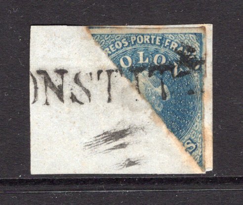 CHILE - 1856 - BISECT & CANCELLATION: 10c blue 'Estancos' printing fine impression diagonally BISECTED and tied on small piece by fine strike of straight line 'CONSTITN' cancel in black. Very scarce. (SG 24a)  (CHI/38780)