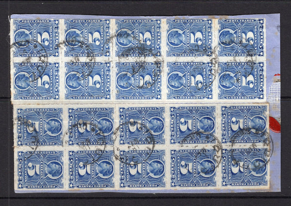 CHILE - 1878 - MULTIPLE: 5c dull ultramarine 'Roulette' issue, two blocks of ten tied on piece by IQUIQUE cds's. (SG 59a)  (CHI/38788)