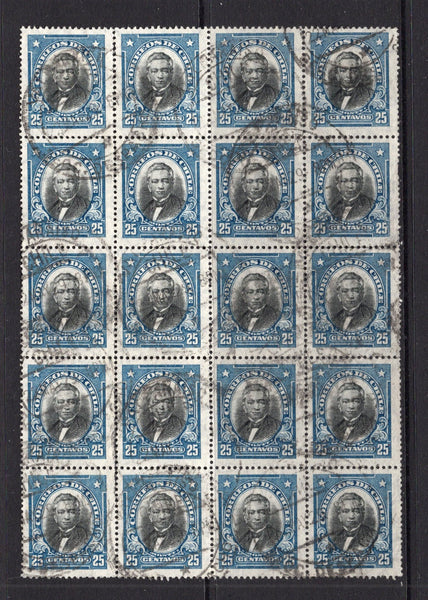 CHILE - 1928 - MULTIPLE: 25c black & blue 'Presidente' issue inscribed 'CORREOS DE CHILE', a fine used block of twenty. A scarce used multiple. (SG 210)  (CHI/38798)