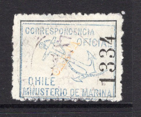 CHILE - 1906 - MINISTRY OF MARINE OFFICIAL ISSUE: Blue 'Marina' Official issue with yellow CARTA & large control number '1334' in black, a fine used copy. Scarce & underrated issue. (SG O119)  (CHI/38817)