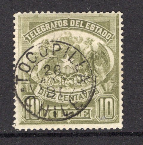CHILE - 1891 - POSTAL TELEGRAPH: 10c olive green 'Telegraph' issue (large type) used with fine central strike of TOCOPILLA cds dated 28 AUG 1891 . This was nearly two months after the second authorised period ended (21 APR 1891 - 6 JULY 1891) due to a stamp shortage caused by the 1891 Civil War. (SG PT74)  (CHI/38823)