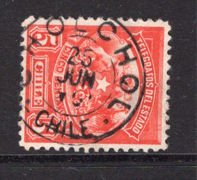 CHILE - 1899 - POSTAL TELEGRAPH & CANCELLATION: 5c red 'Telegraph' issue (ABNCo. Printing) used with good strike of CHOLCHOL cds dated 25 JUN 1901 used just prior to the fourth period of authorised use. A scarce small Postal Agency cancel. (Barefoot #17)  (CHI/38827)