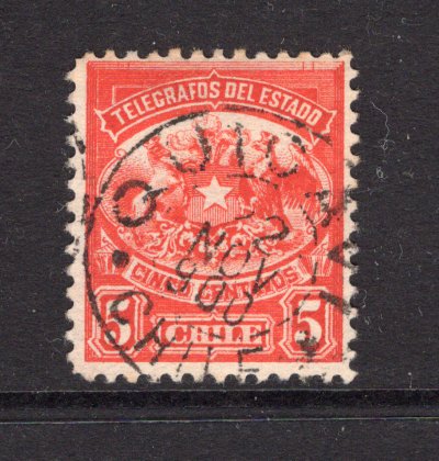 CHILE - 1900 - POSTAL TELEGRAPH, CANCELLATION & ISLAND MAIL: 5c red 'Telegraph' issue (ABNCo. Printing) used with fine strike of QUICAVI cds dated 2 NOV 1900 correctly used in the fourth and shortest period of authorised use (29 Oct 1900 - 30 Jan 1901). Quicavi was a small Postal Agency located on the Island of Chiloe. Rare. (Barefoot #17)  (CHI/38830)
