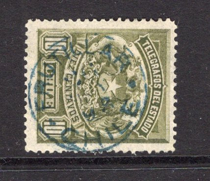 CHILE - 1898 - POSTAL TELEGRAPH & CANCELLATION: 10c olive green 'Telegraph' issue (Waterlow printing) used with fine central strike of FRUITILLAR cds in blue dated 1898. Scarce. (Barefoot #9)  (CHI/38832)