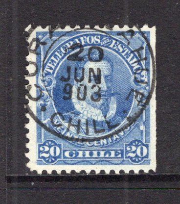 CHILE - 1903 - POSTAL TELEGRAPH & CANCELLATION: 20c blue VALDIVIA 'Telegraph' issue (ABNCo. printing) used with good strike of CURANILAHUE cds dated 20 JUN 1903. (Barefoot #15)  (CHI/38836)