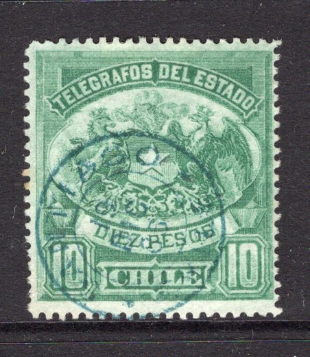 CHILE - 1883 - TELEGRAPH: 10p blue green 'Telegraph' issue (large type), a fine used copy with central SANTIAGO telegraph cds in blue dated 19 DEIC 1885. (Barefoot #6)  (CHI/38839)