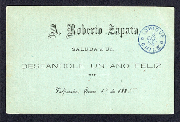 CHILE - 1885 - CANCELLATION: 1c dark green on green postal stationery card (H&G 6) used with VALPARAISO cds dated DEC 1884. Addressed to IQUIQUE with fine strike of IQUIQUE CHILE arrival cds in blue on reverse.  (CHI/38843)