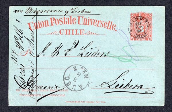 CHILE - 1887 - CANCELLATION: 3c red on grey blue postal stationery card (H&G 11) used with good strike of VALDIVIA thimble cds dated 16 JUN 1887. Addressed to GERMANY with arrival cds on front.  (CHI/38844)
