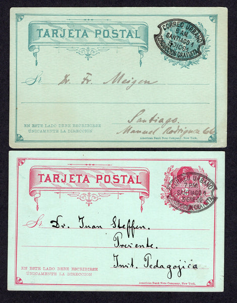 CHILE - 1891 - POSTAL STATIONERY & CANCELLATION: 1c dark green on green and 2c carmine on green postal stationery cards (H&G 6/7) each used with a fine strike of the oval CORREO URBANO SANTIAGO 1 CONDUCCION GRATUITA cancel in black dated 1891 and 1892 respectively. Both addressed locally within SANTIAGO and both cards with commercial messages on reverse.  (CHI/38845)