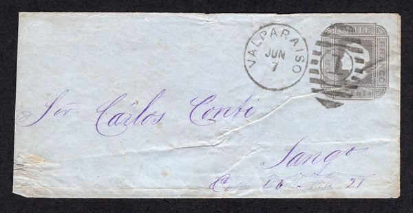CHILE - 1876 - POSTAL STATIONERY: 5c grey on blue laid paper postal stationery envelope on thin poor quality paper (H&G B11a) used with VALPARAISO duplex cds dated JUN 7 1877. Addressed to SANTIAGO with arrival cds in purple on reverse. Envelope has some wrinkles.  (CHI/38849)