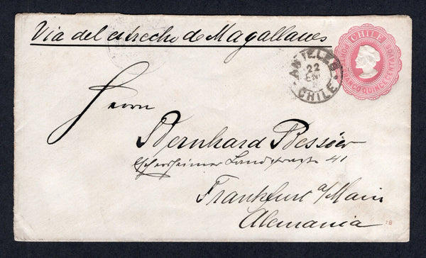 CHILE - 1895 - POSTAL STATIONERY & CANCELLATION: 15c pink on white postal stationery envelope (H&G B7) used with ANGELES cds dated 22 JAN 1895. Addressed to GERMANY with arrival cds on reverse.  (CHI/38851)