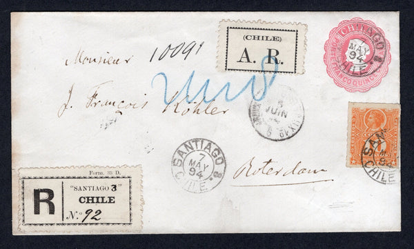 CHILE - 1894 - REGISTRATION & AR: 15c pink on white postal stationery envelope (H&G B7) sent registered with advice of receipt with added 1878 10c orange 'Roulette' issue (SG 60a) tied by SANTIAGO 3 cds's dated 7 MAY 1894 with printed black on white 'SANTIAGO 3' registration label and perforated '(CHILE) A.R.' label on front. Addressed to HOLLAND with transit & arrival marks on front & reverse.  (CHI/38852)
