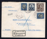 CHILE - 1918 - POSTAL STATIONERY & REGISTRATION: 15c brown 'Presidente' postal stationery envelope (H&G B23) with 'Consulado General de Holanda' handstamp and circular cachet on reverse used with added 1915 5c slate blue and pair 10c black & blue 'Presidente' issue (SG 161 & 164) tied by SANTIAGO cds's dated 22 OCT 1916 with black on white printed registration label alongside. Addressed to HOLLAND with transit & arrival marks on reverse.  (CHI/38856)