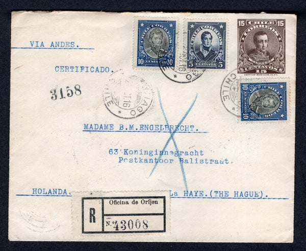 CHILE - 1918 - POSTAL STATIONERY & REGISTRATION: 15c brown 'Presidente' postal stationery envelope (H&G B23) with 'Consulado General de Holanda' handstamp and circular cachet on reverse used with added 1915 5c slate blue and pair 10c black & blue 'Presidente' issue (SG 161 & 164) tied by SANTIAGO cds's dated 22 OCT 1916 with black on white printed registration label alongside. Addressed to HOLLAND with transit & arrival marks on reverse.  (CHI/38856)